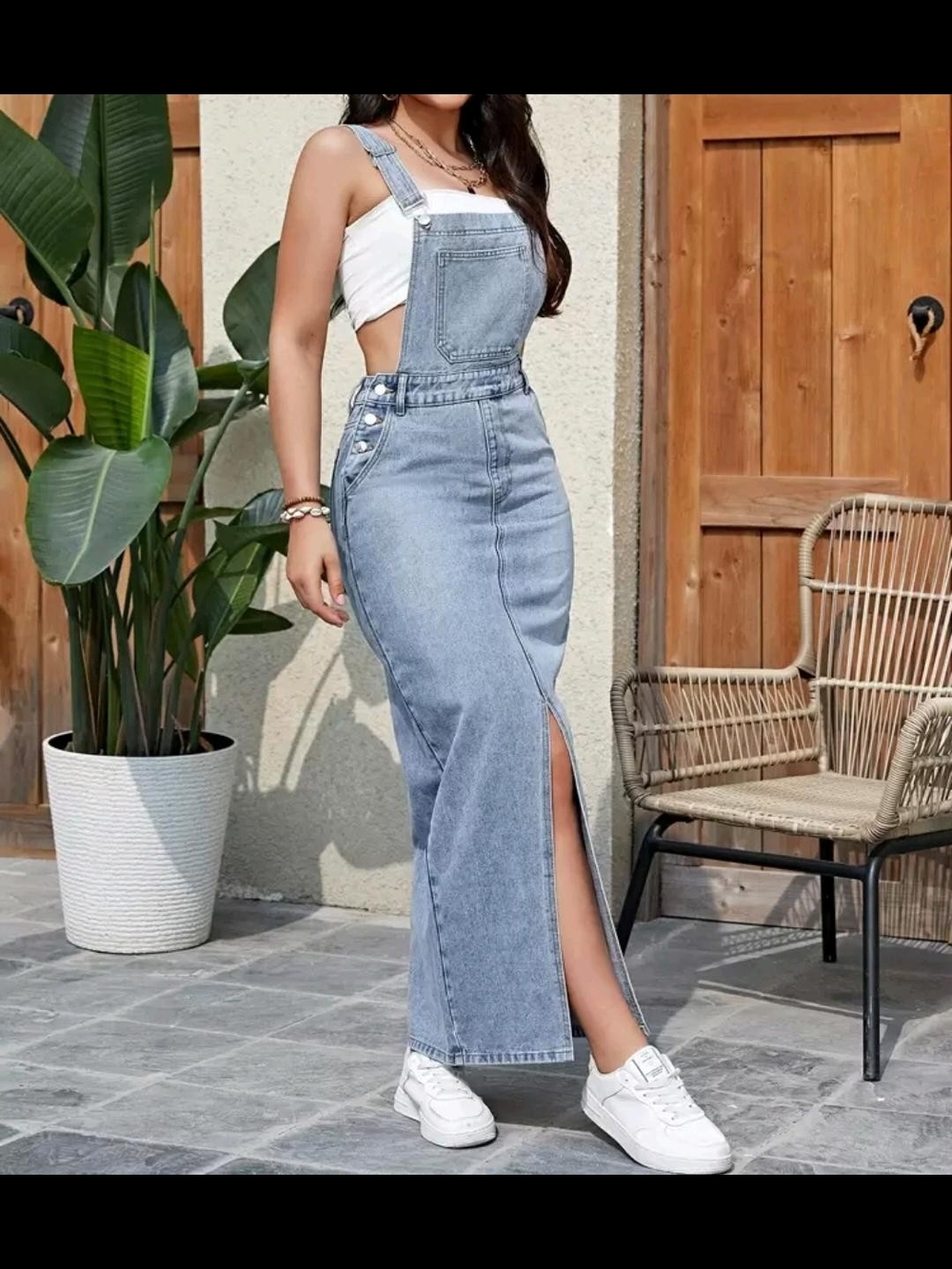 Light Blue Denim Overall Skirt Jeans with Side Slit